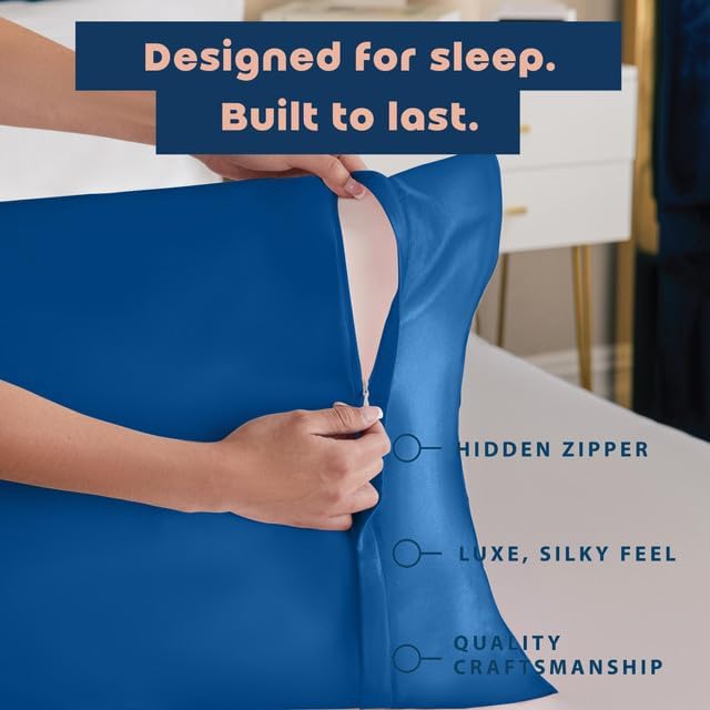 BLISSFORD Royal Blue Satin Pillowcase with Zipper, for Hair and Skin Care, Feels Soft and Cool Like a Silk Pillowcase, Satin Pillow Cases 2 Pack, Slik Pillow Cover, King Size - Set of 2