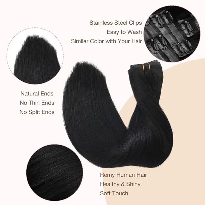 GOO GOO Clip in Hair Extensions Real Human Hair, Remy Human Hair Extensions Clip ins for Women, Natural Human Hair, 14inch 110g 7Pcs, 1 Jet black