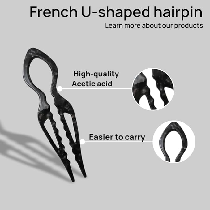 Hair Pins,French U-Shaped Hair Pin 6Pack Elegant Women Hair Accessories Suitable for Thick or Thin Hair (Light red, Black, Khaki,Black,Light gray,Reddish brown)