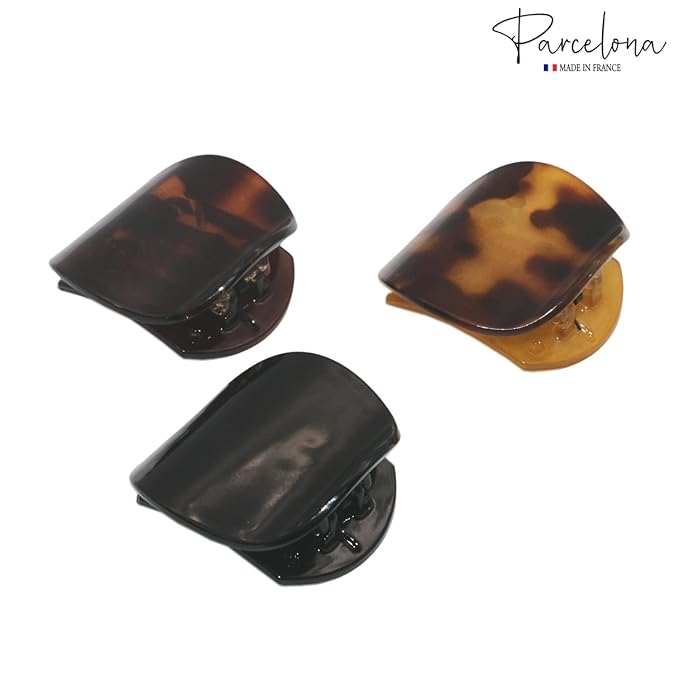 Parcelona French Onde Tortoise Shell Black and Savana Small 2” Celluloid Set of 3 Round Side Slide In Secure Grip Hair Claw for Women and Girls