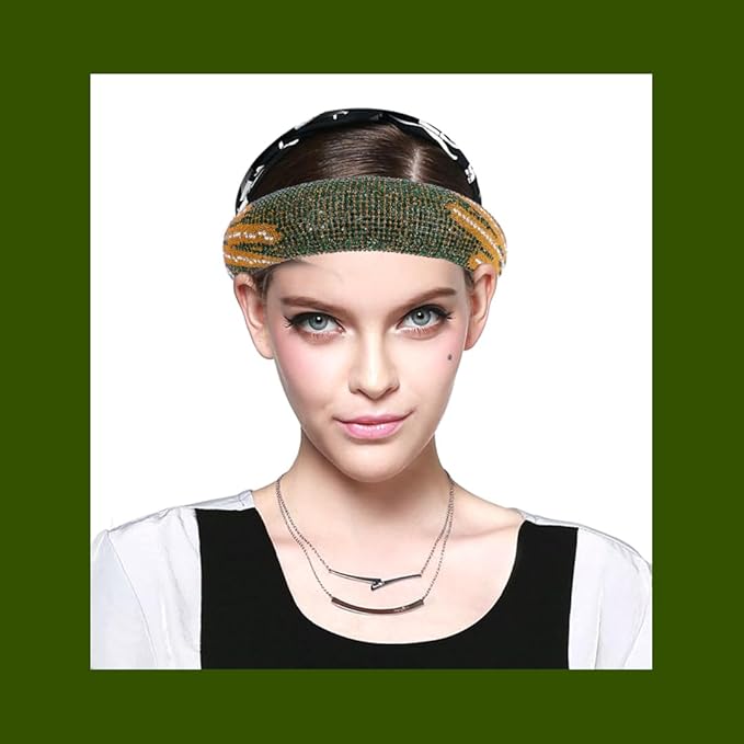 Sparkle Wide Headband for Women Fashion Green Rhinestone Headbands Dressy Glitter Headband Comfortable High Elastic Head Band Hairband Hair Hoop Hair Accessories for Women