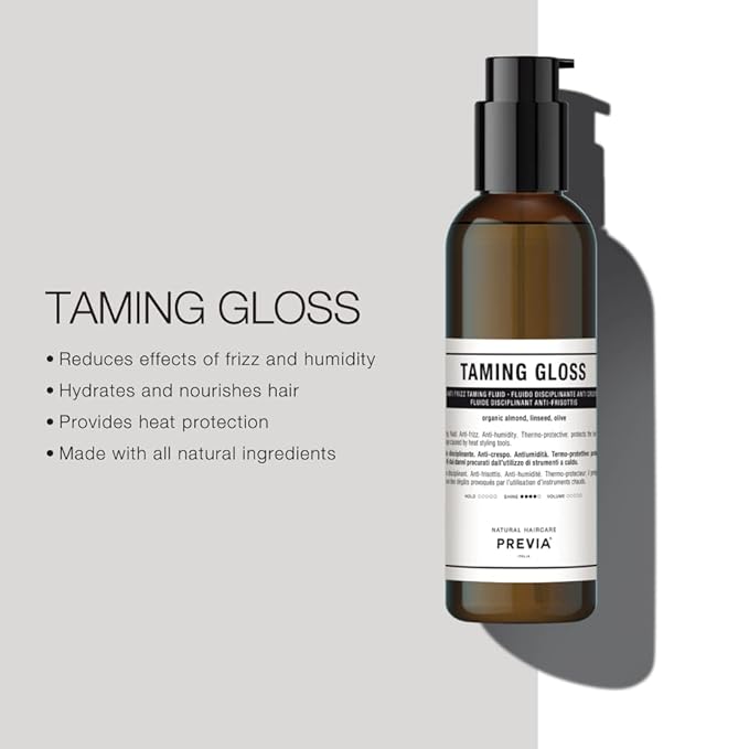PREVIA Hair Gloss Taming Serum & Leave-In Conditioner - Anti-Frizz Heat Protectant for Dry Damaged Hair - Organic Almond Vegan Moisturizing Gloss - 6.7 oz