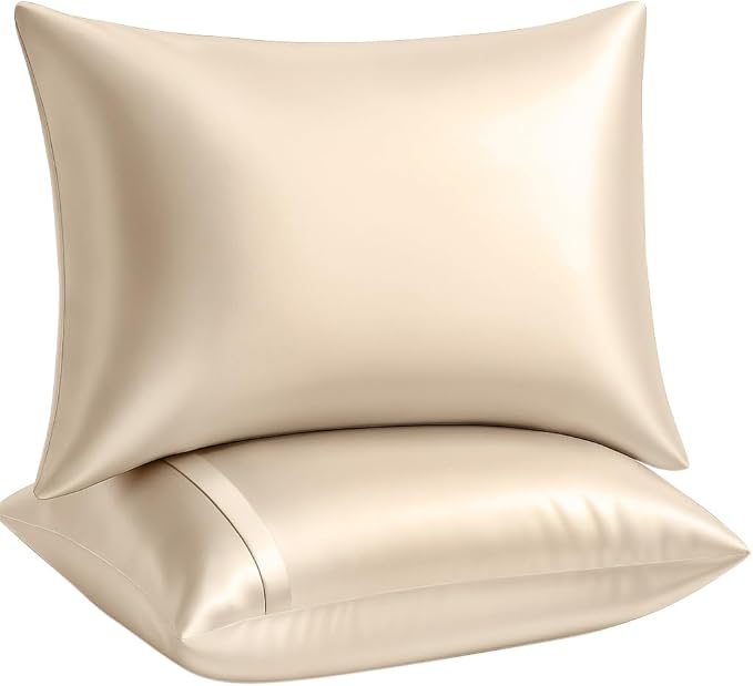 BLISSFORD Satin Pillowcase with Zipper, for Hair and Skin Care, Feels Soft and Cool Like a Silk Pillowcase, Satin Pillow Cases 2 Pack, Slik Pillow Cover, Light Beige - King Size, Set of 2