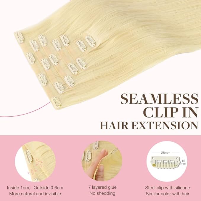 GOO GOO Clip in Hair Extensions Real Human Hair, Remy Human Hair Extensions Clip ins for Women, Natural Human Hair, 14inch 110g 7Pcs, 613R Bleach Blonde