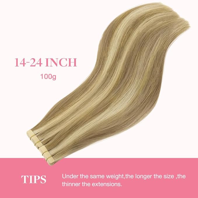 GOO GOO Tape in Hair Extensions Human Hair, 16/22 Light Blonde Highlighted Golden Blonde, 20inch 100g 40pcs, Skin Weft Seamless Invisible, Silky Straight with Thick Ends, Remy Human Hair