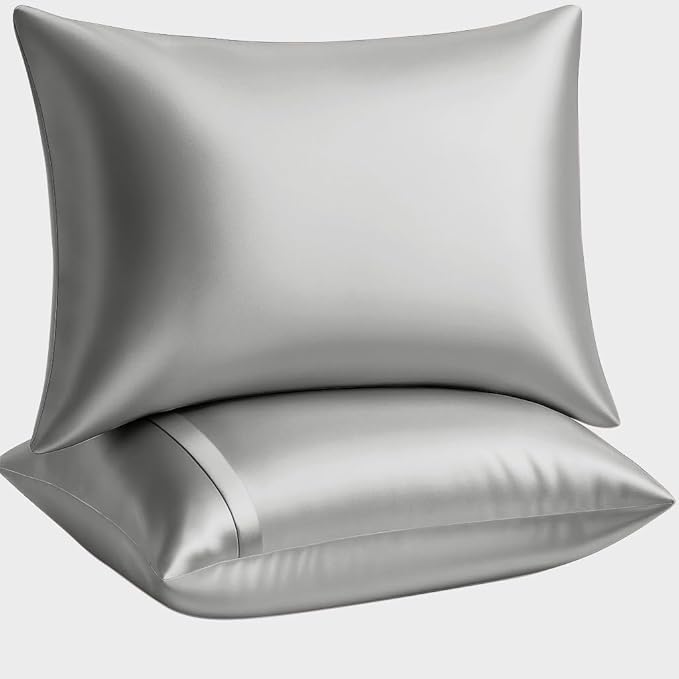 BLISSFORD Satin Pillowcase with Zipper, for Hair and Skin Care, Feels Soft and Cool Like a Silk Pillowcase, Satin Pillow Cases 2 Pack, Slik Pillow Cover, Grey, King Size, Set of 2