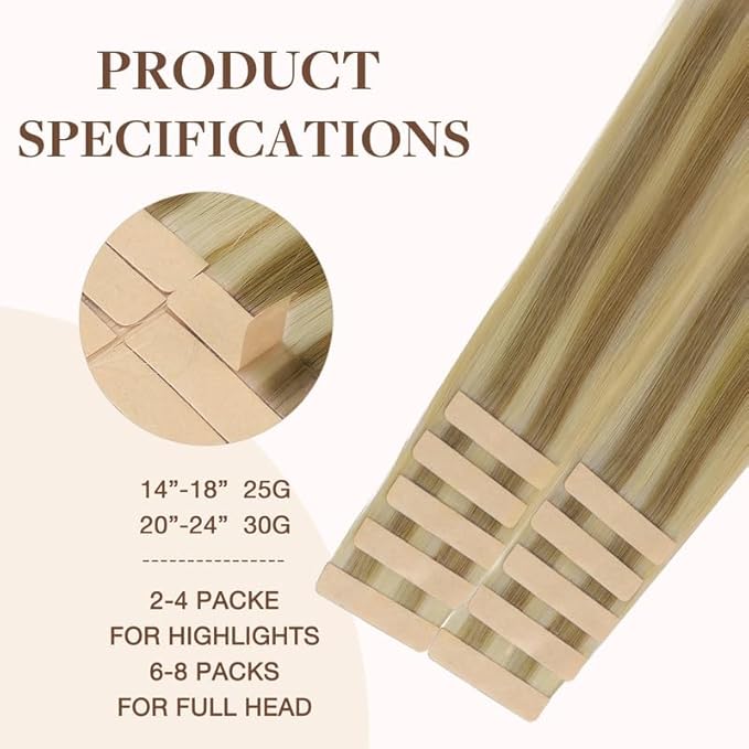 GOO GOO Tape in Hair Extensions Human Hair, 16/22 Light Blonde Highlighted Golden Blonde, 20inch 30g 10pcs, Skin Weft Seamless Invisible, Silky Straight with Thick Ends, Remy Human Hair