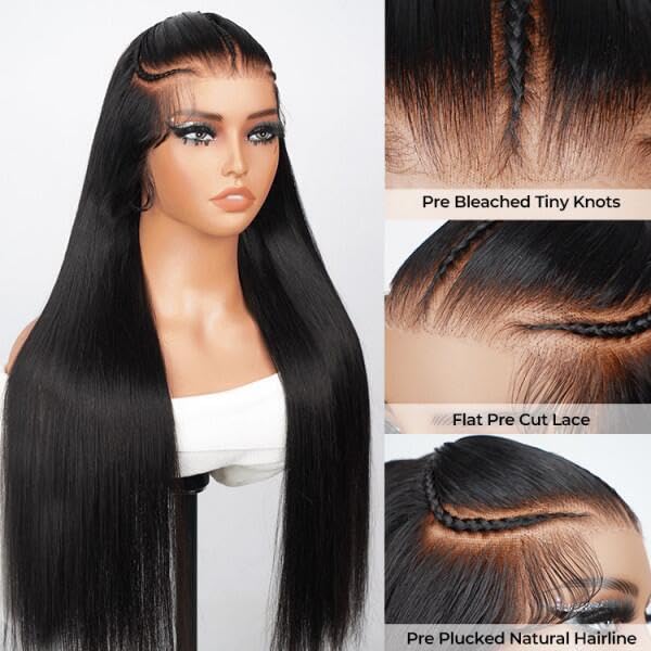 250% Pre Braided Wig Glueless Wigs Human Hair Pre Plucked Pre Cut Human Hair Wigs for Women 9x6 Silky Straight HD Lace Front Wigs Human Hair Pre Everything Glueless Bleached Knots