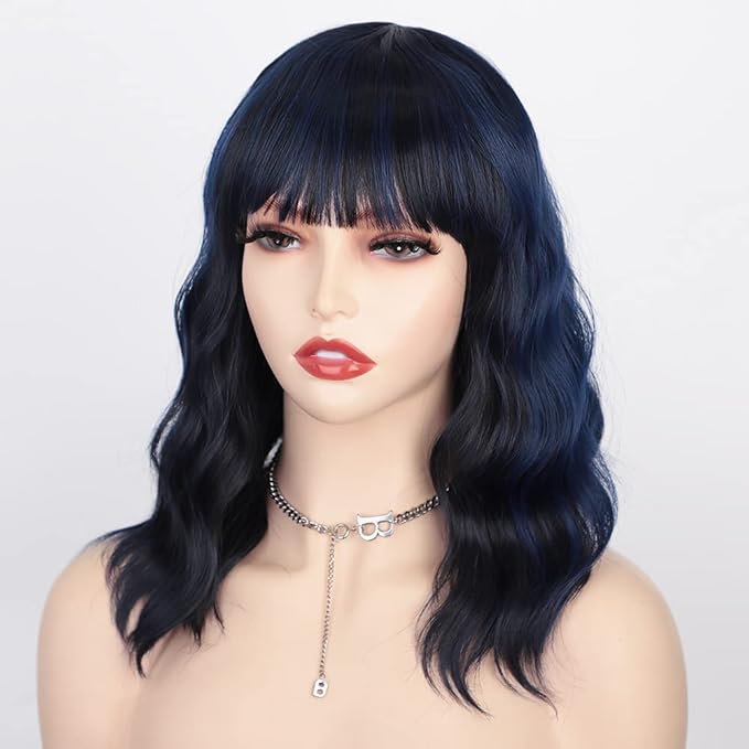 AISI HAIR Synthetic Wavy Bob Wig with Bangs, Dark Blue, 21-23 Inches