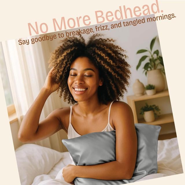 BLISSFORD Satin Pillowcase with Zipper, for Hair and Skin Care, Feels Soft and Cool Like a Silk Pillowcase, Satin Pillow Cases 2 Pack, Slik Pillow Cover, Grey - Standard Size - Set of 2