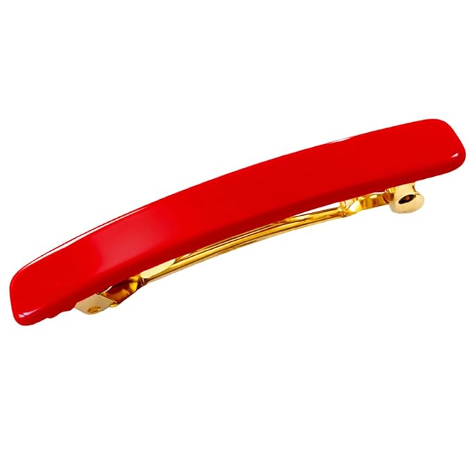 French Amie Rectangular Handmade Small Hair Barrette 2 1/4 Inch with Metal Clasp, Cellulose Acetate Hair Clip Grip for Women & Girls, Strong Hold for Fine Hair, Bangs, and Half-Up Styling (Red)