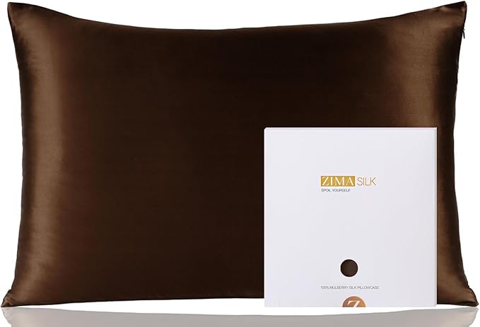 ZIMASILK 100% Pure Mulberry Silk Pillowcase for Hair and Skin Health,Soft and Smooth,Both Sides Premium Grade 6A Silk,600 Thread Count,with Hidden Zipper,1pc (King 20''x36'',Chocolate)