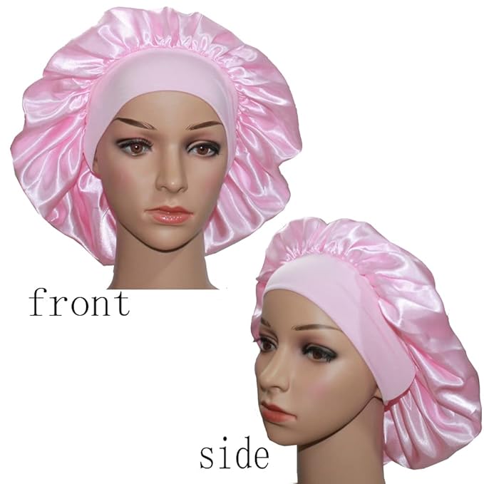VEYRNEIC Hair Satin Bonnet for Sleeping Shower Caps Silk Chemo Caps with Wide Elastic Band Night Sleep Cap Bonnets for Black Women Braids with Satin Storage Bag (Pink)