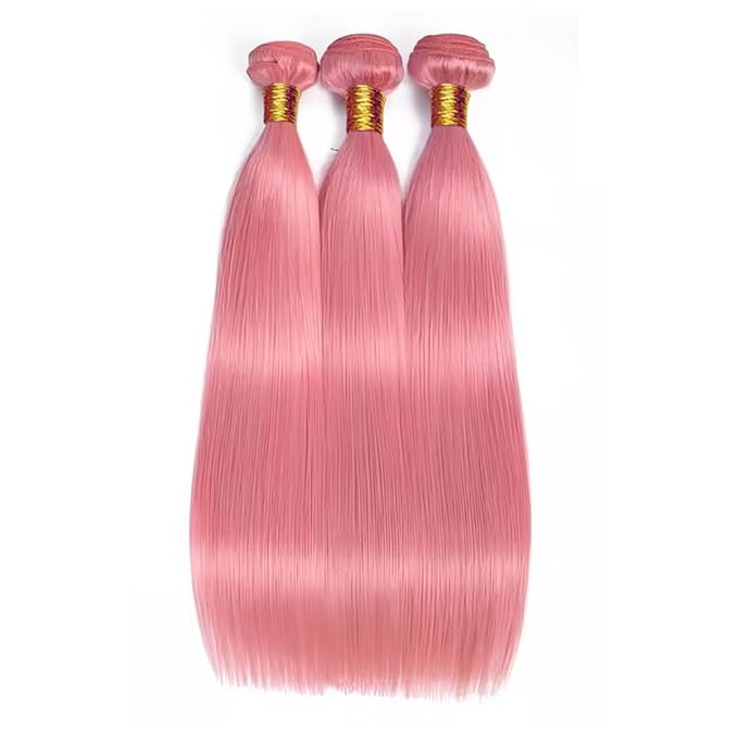 Pink Bundles Human Hair Pink Straight Bundles 22 24 26 Inch Niegmeag Peruvian Virgin Remy Hair Extensions Double Weft Soft and Skily Pink Bundle