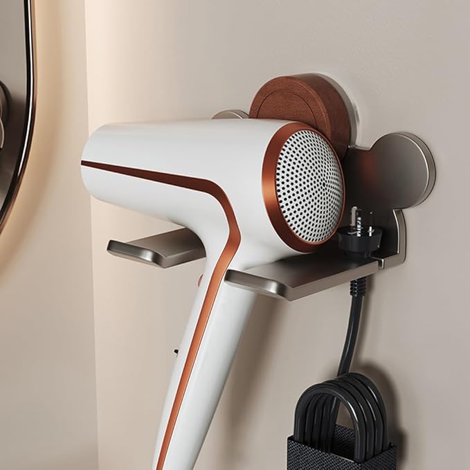 Upgraded Drill-Free Hair Dryer Holder With Hair Tie Organizer- Heavy Duty Double-Stick Tape Wall Mount Organizer for Bathroom,Sturdy Carbon Steel Construction, Waterproof & Rust-Resistant (Grey)