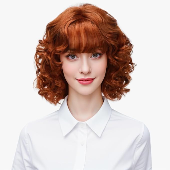 Short Copper Red Curly Wigs for Women Natural Synthetic Wig Auburn Middle Natural Looking Synthetic Heat Resistant Fiber Wig for Daily Party Use