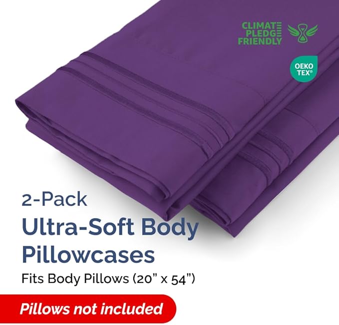 Body Pillowcases Set of 2-20x54 Long Body Pillow Case - Soft Body Pillow Cover for Sleeping & Side Sleepers - Comfy, Breathable, Wrinkle & Fade Free - Machine Washable w/Envelope Enclosure (Purple)