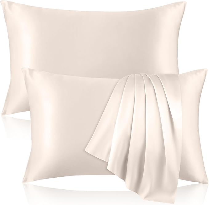 2 Pack 100% Pure Silk Pillowcase for Hair and Skin, Both Sides Mulberry Silk Pillowcases with Hidden Zipper, Cooling Pillowcase 19 Momme, 600 Thread Silk Pillow Cases Queen Size, Beige