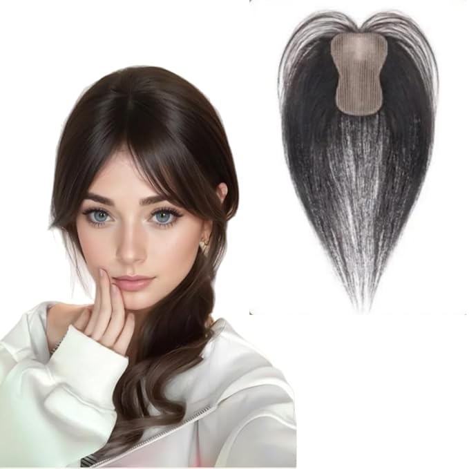 Anemone 100% Real Human Hair Topper No Need Clips Magic Paste Hair Seams 7x10cm Skin Base Fringe Bangs Easy to Wear (1B Middle Bangs)