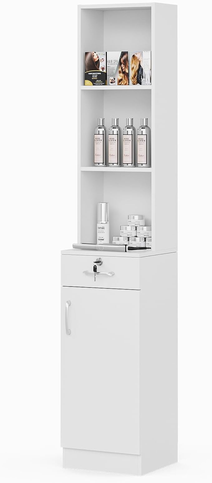 Wall Mount Salon Stations for Hair Stylist, Hair Salon Storage Cabinet, Beauty Barber Station with Lockable Drawer, Shelves, Storage Cabinet, White