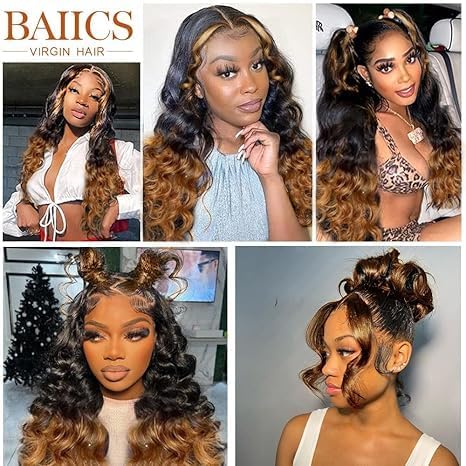 Ombre 360 Lace Front Wigs Human Hair For Women Highlight Honey Lace Wig Glueless Wig With Baby Hairs Body Wave Lace Front Wigs Human Hair (26 inch)