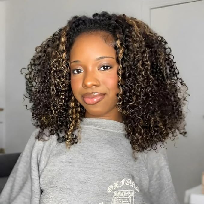 250% Density Kinky Curly Half Wig Human Hair Glueless Wigs Upgrade 3 IN 1 Highlight 1b/27 Half Wig With Drawstring Seamless Clip Ins Flip Over Kinky Curly Human Hair No Glue No Lace 20 Inch