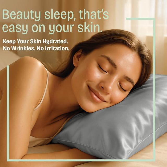 BLISSFORD Satin Pillowcase with Zipper, for Hair and Skin Care, Feels Soft and Cool Like a Silk Pillowcase, Satin Pillow Cases 2 Pack, Slik Pillow Cover, Grey - Standard Size - Set of 2