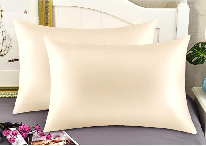 100% Mulberry Silk Pillowcases Set of 2 for Hair and Skin and Super Soft and Breathable Queen Size Nature Silk Pillowcases (Queen, Buff Beige)