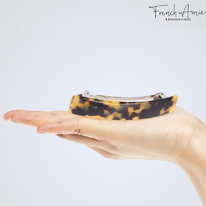 French Amie Oblong Handmade 3.5" Celluloid No Slip Hair Clip Barrette for Women, Made in France (Tokyo Shell)