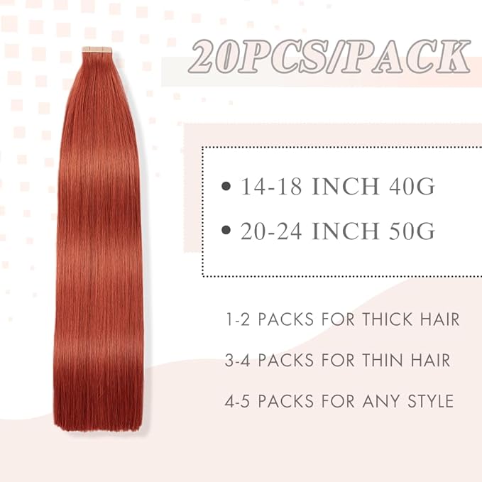 Tape in Hair Extensions Real Human Hair 24 Inch Copper Double Sided Tape for Skin Weft Hair Extension Invisible Tape in Hair Extensions Straight Remy Human Hair for Women 20pcs (350#,24 Inch)