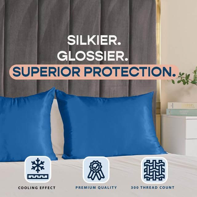 BLISSFORD Royal Blue Satin Pillowcase with Zipper, for Hair and Skin Care, Feels Soft and Cool Like a Silk Pillowcase, Satin Pillow Cases 2 Pack, Slik Pillow Cover, Queen Size - Set of 2