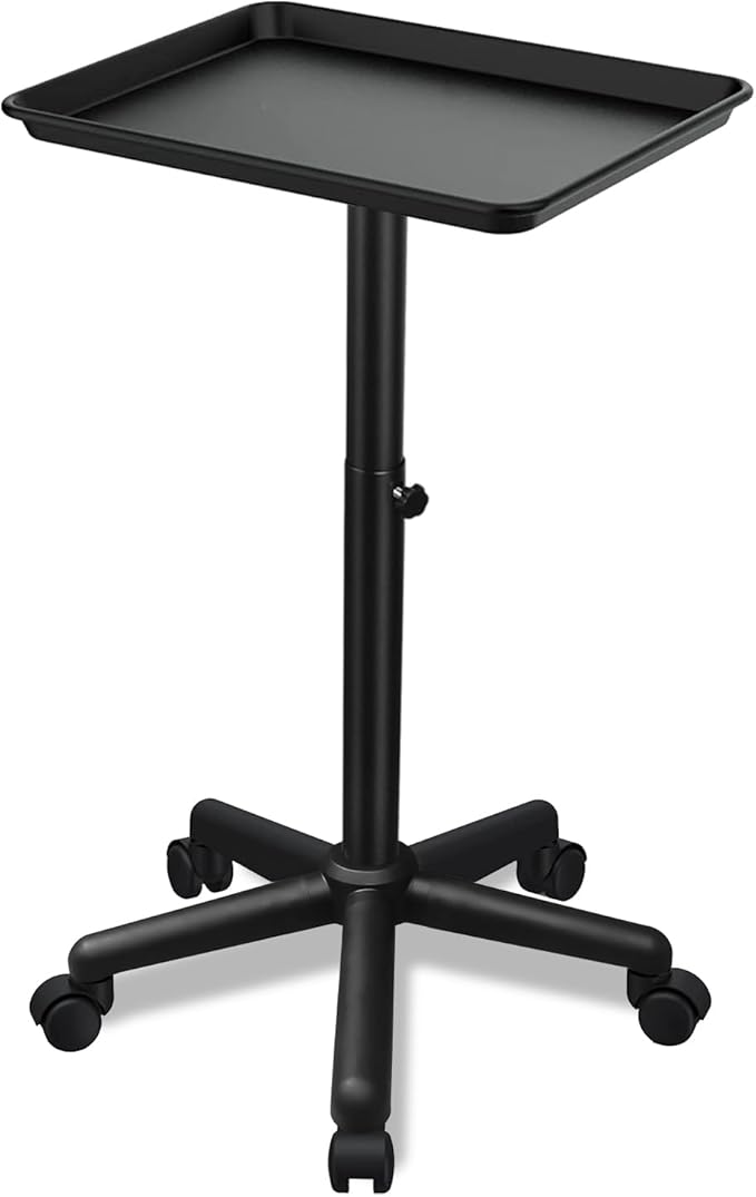 Salon Tray on Wheels- Adjustable Salon Service Rolling Tray Suitable for Mayo Stand,Tattoo Tray and Dentist Tray(Black)