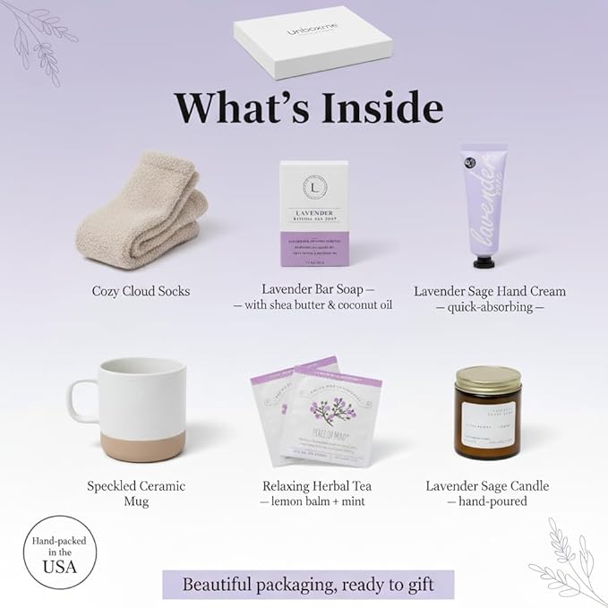 Unboxme Lavender Spa Gift Basket for Women, Self Care Package with Candle, Bath Bomb, Tea & Mug - Relaxation Gifts for Birthday, Get Well
