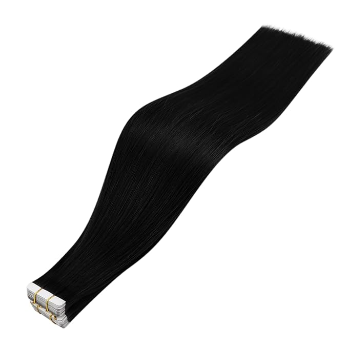 Full Shine 18Inch Black Virgin Tape in Hair Extensions Remy Tape in Human Hair Extensions Color 1 Black 25 Gram Seamless Unprocessed Skin Weft 10Pcs for Women