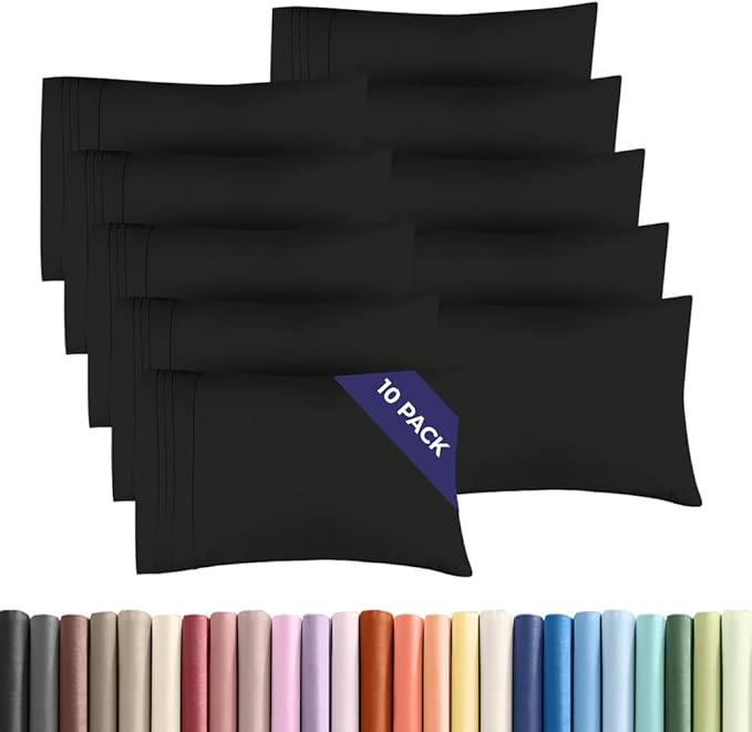 King Pillow Cases Set of 10 - Ultra Soft Hotel Quality Pillowcase Covers - Comfy & Wrinkle Free - Shrink, Stain and Fade Resistant - Easy-Care, Machine Washable Pillow Protectors - 10 Pcs Set - Black