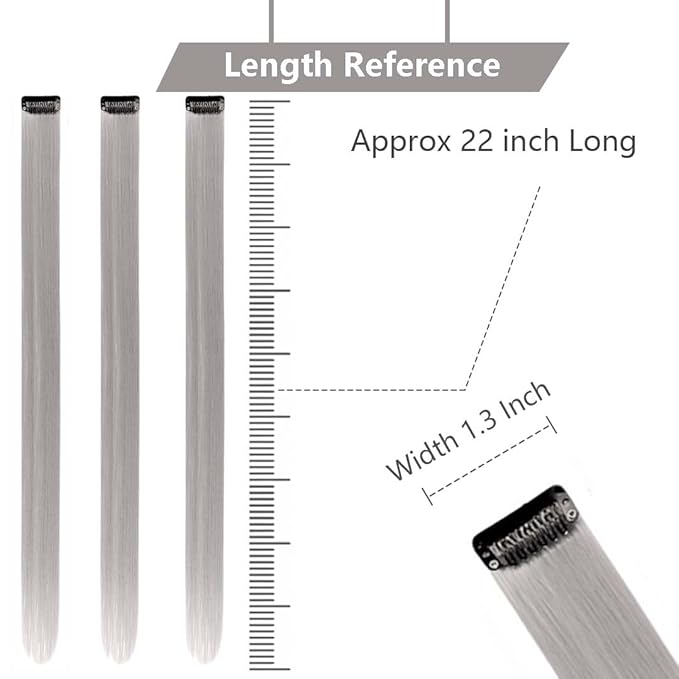 Grey Hair Extensions Clip in for Kids Girls Women, 10 Pieces 22 Inch Long Straight Colored Heat Resistant Synthetic Highlight Party Clip ins