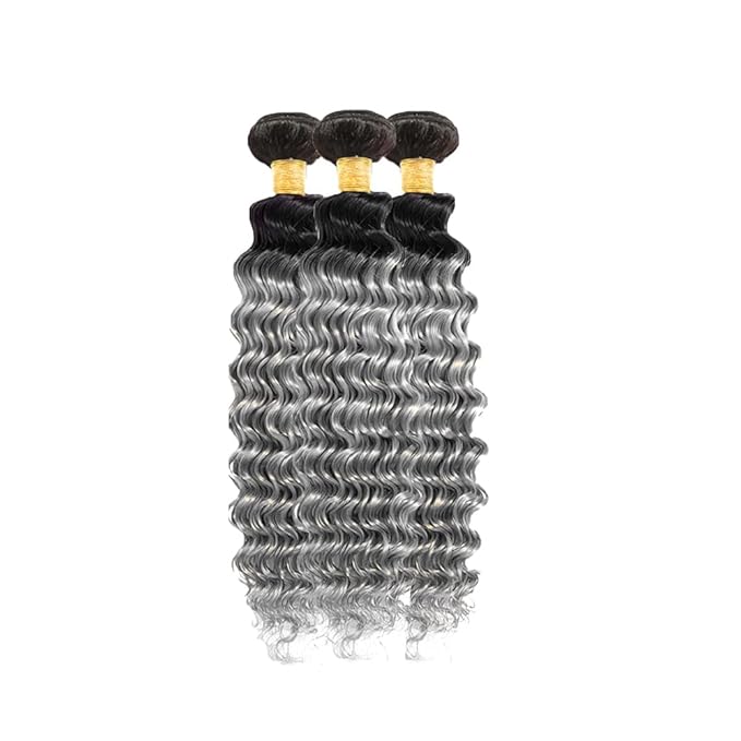 28 30 32 Inch Ombre Bundles Human Hair Grey Deep Wave Bundle Brazilian Virgin Remy Hair Extensions Double Weft 2 Tone Black and Silver Deep Wave Bundle Hair Weave 300g