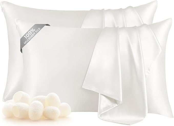 THXSILK Set of 2 100% Pure Mulberry Silk Pillowcase for Hair and Skin, Highest 6A+ Grade Mulberry Silk Pillow Case Standard Size, Real Silk Pillowcase with Zipper (White, Standard)