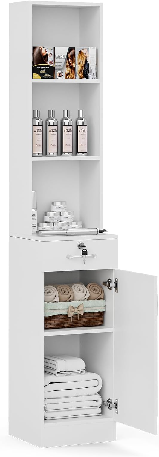 Wall Mount Salon Stations for Hair Stylist, Hair Salon Storage Cabinet, Beauty Barber Station with Lockable Drawer, Shelves, Storage Cabinet, White