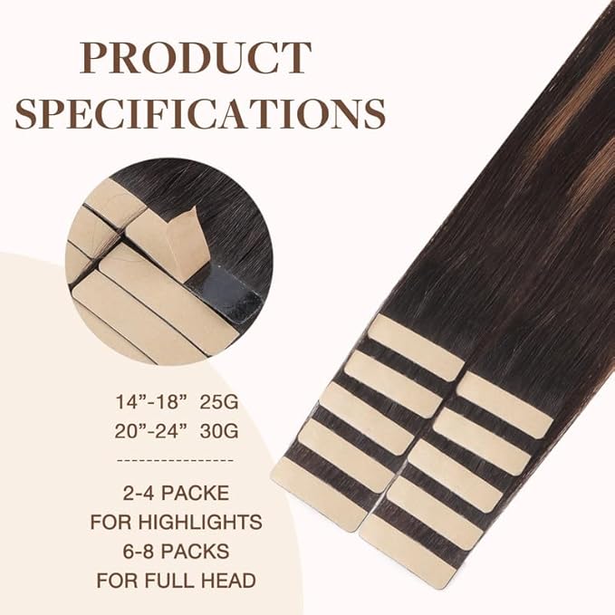 GOO GOO Tape in Hair Extensions Human Hair, 2/6/2 Balayage Dark Brown to Chestnut Brown, 18inch 25g 10pcs, Skin Weft Seamless Invisible, Silky Straight with Thick Ends, Remy Human Hair