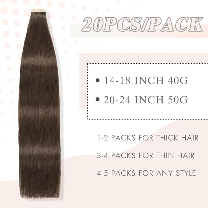 Tape in Hair Extensions Human Hair 20pcs Remy Hair Extensions 22 Inch Darkest Brown Straight Invisible Human Hair Tape in Extensions Double Sided Skin Weft Hair (2#,22 Inch)
