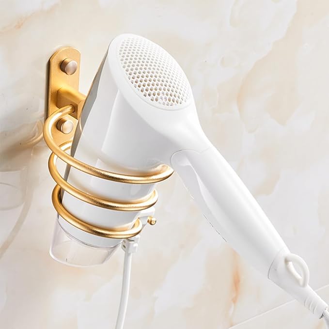 Hair Dryer Holder, Aluminum Wall Mounted Hair Dryer Rack Spiral Hair Care Tools Hanging Rack Organizer for Bathroom, Bedroom, Barbershop (Gold)