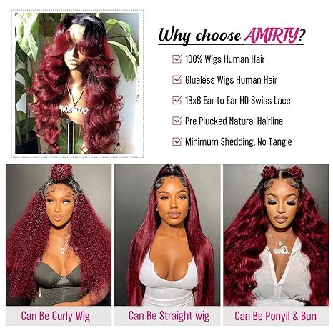 AMIRTY 250 Density Burgundy Lace Front Wigs Human Hair 13x6 HD Transparent Body Wave Lace Front Wig Pre Plucked 1B/99J Burgundy Red Wine Glueless Human Hair Wigs for Women 28 Inch