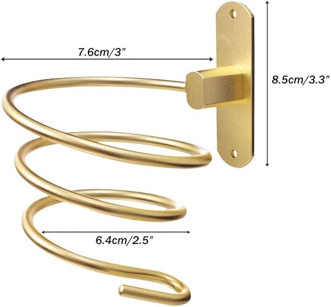 Hair Dryer Holder, Aluminum Wall Mounted Hair Dryer Rack Spiral Hair Care Tools Hanging Rack Organizer for Bathroom, Bedroom, Barbershop (Gold)