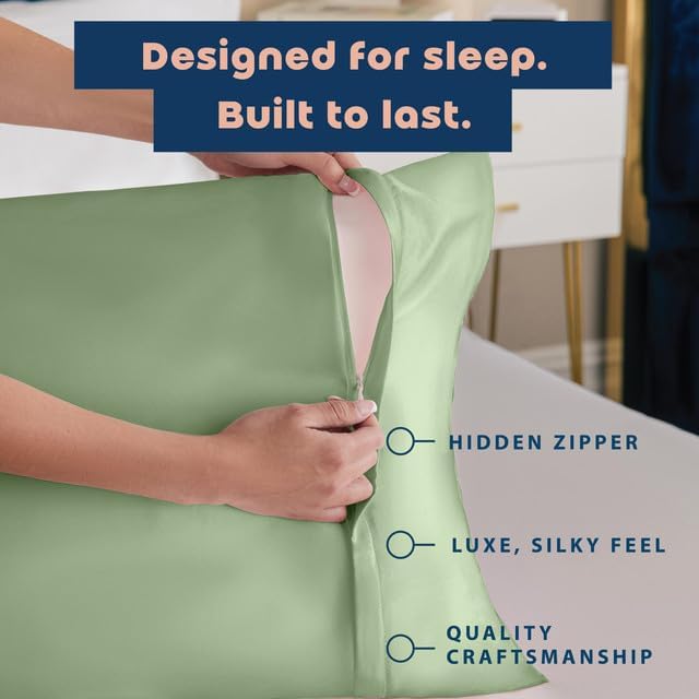 BLISSFORD Satin Pillowcase with Zipper, for Hair and Skin Care, Feels Soft and Cool Like a Silk Pillowcase, Satin Pillow Cases 2 Pack, Slik Pillow Cover, Sage Green -King Size -Set of 2