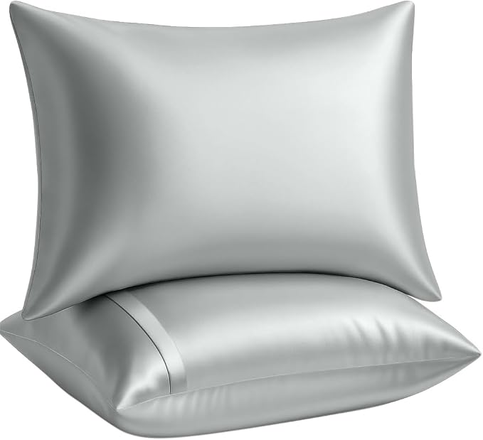 BLISSFORD Satin Pillowcase with Zipper, for Hair and Skin Care, Feels Soft and Cool Like a Silk Pillowcase, Satin Pillow Cases 2 Pack, Slik Pillow Cover, Silver Grey - Queen Size, Set of 2