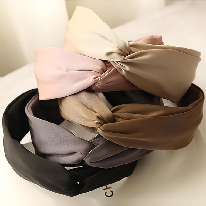 LONEEDY 5 Pack Wide Satin Hard Headband for Women, Girls’s Hair Band Silk Fabric Hair Hoop Accessories (Mixed colors D)