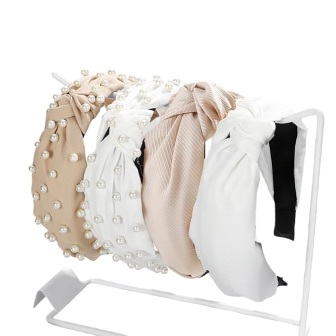 4Pack Knotted Headband for Women Checkered Flower Printed Headbands Top Knot Non Slip Beaded Headband Set Solid Color Wide Knotted Head Bands for Women's Hair (Beige Brown)