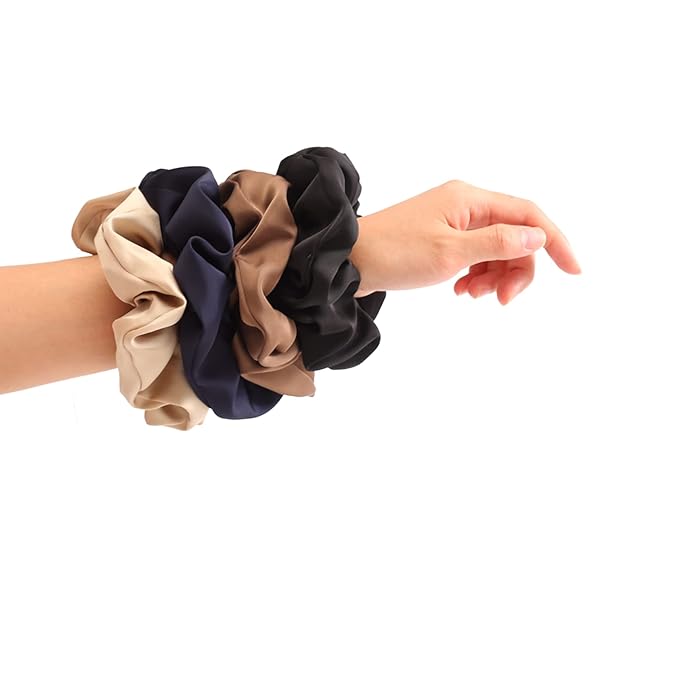 4PCS Large Satin Silk Scrunchies for Women - Big Glossy Scrunchie for Thick Hair Girl Hair Ties Ponytail Holders Jumbo Scrunchies (Black Navy-Blue Brown Champagne)