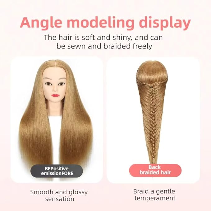 80% Real Hair Mannequin Head Training Head Manikin Cosmetology Doll Head for Hairdresser Practice Braiding Hair Styling with Clamp stand 26-28inch